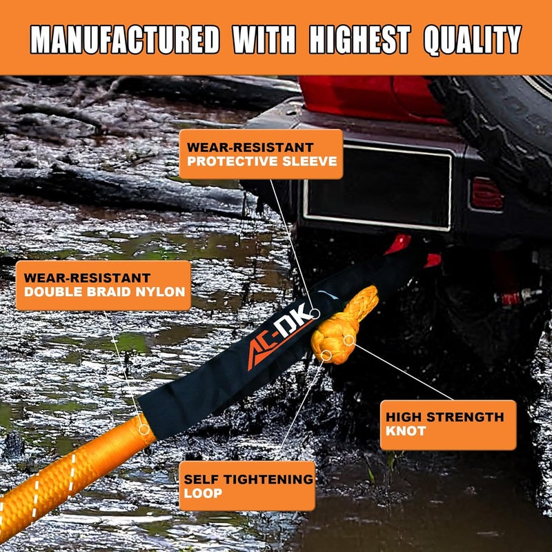 AC-DK Kinetic Recovery Rope (1in x 30ft ‎Yellow) 48000lbs Snatch Strap,Heavy Duty Stretch Nylon Towing Ropes with 2pcs Soft Shackles for Offroad Vehicle,Jeep,SUV,ATV,UTV,Tractor Elastic Ropes Kit - Image 5